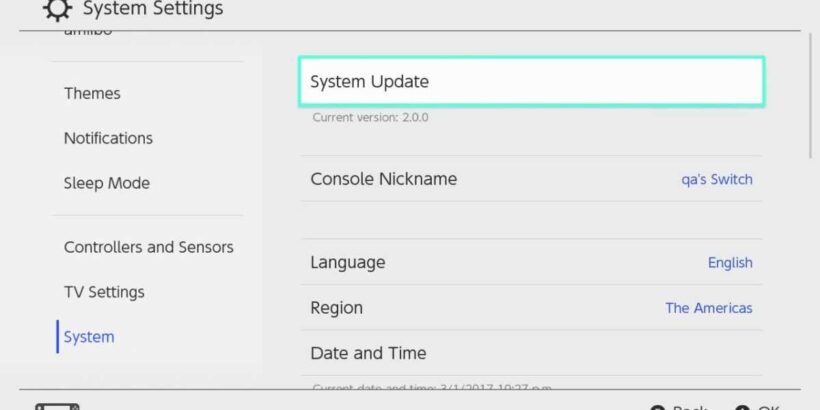 hac screenshot systemsettings system update
