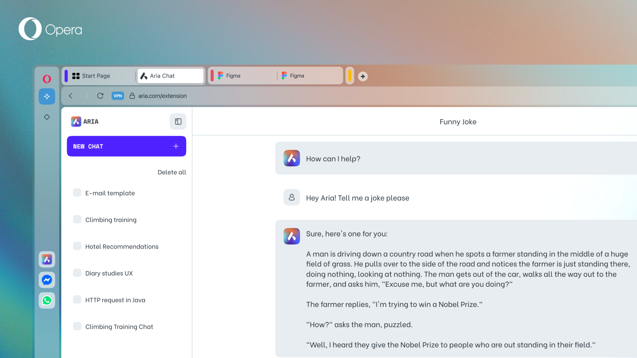 Opera AI Tab Commands Aria Tab View