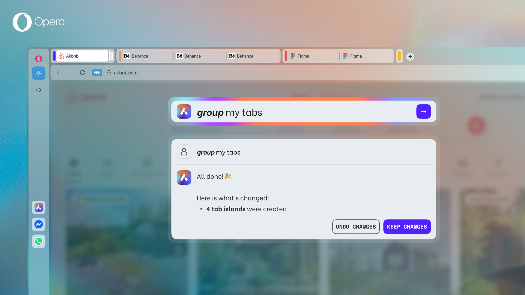 Opera AI Tab Commands Group Tabs