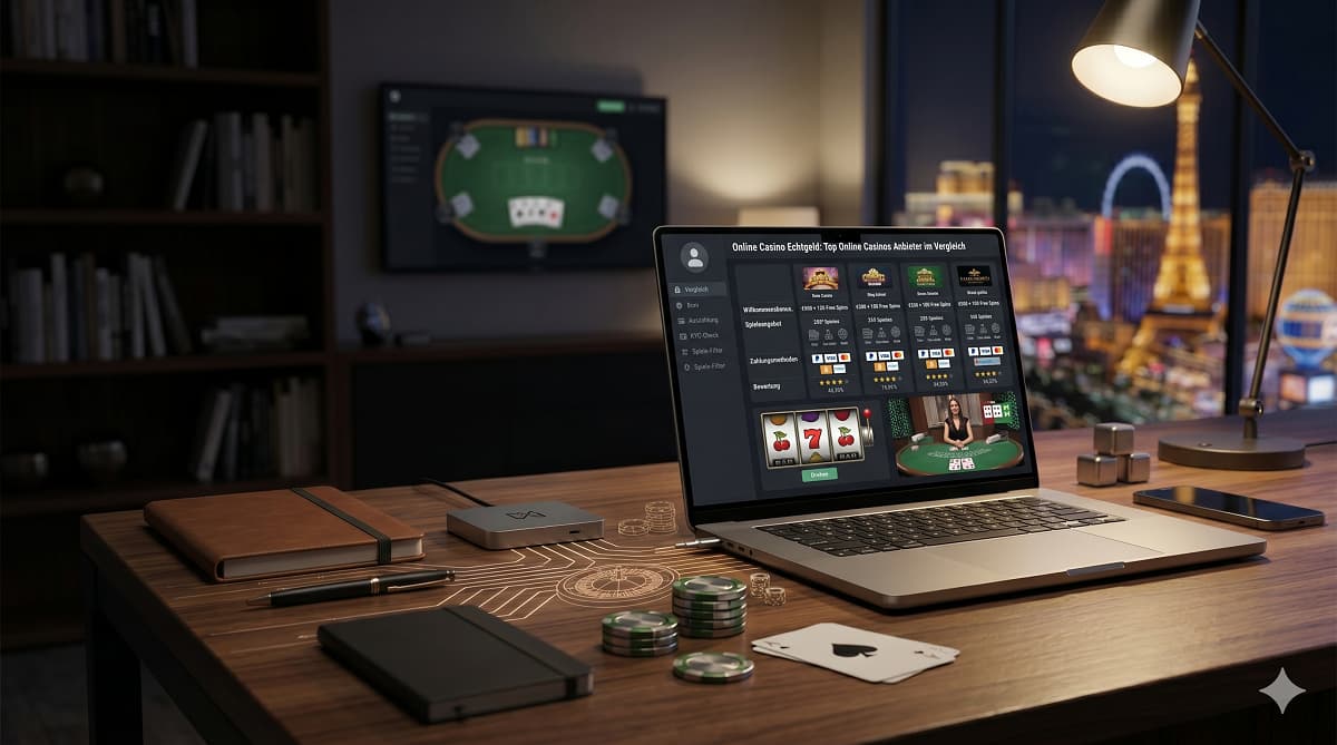 Ein nächtlicher Schreibtisch mit einem Laptop, der Online-Casinos in Deutschland vergleicht, umgeben von Pokerchips, Karten und Würfeln, mit Blick auf die beleuchtete Skyline von Las Vegas.